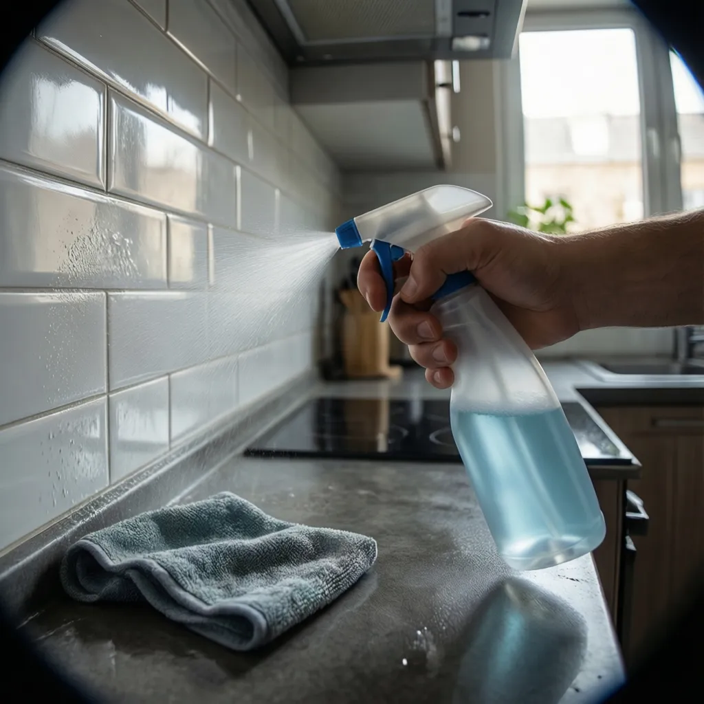 Applying cleaning spray to kitchen wall tiles before wiping