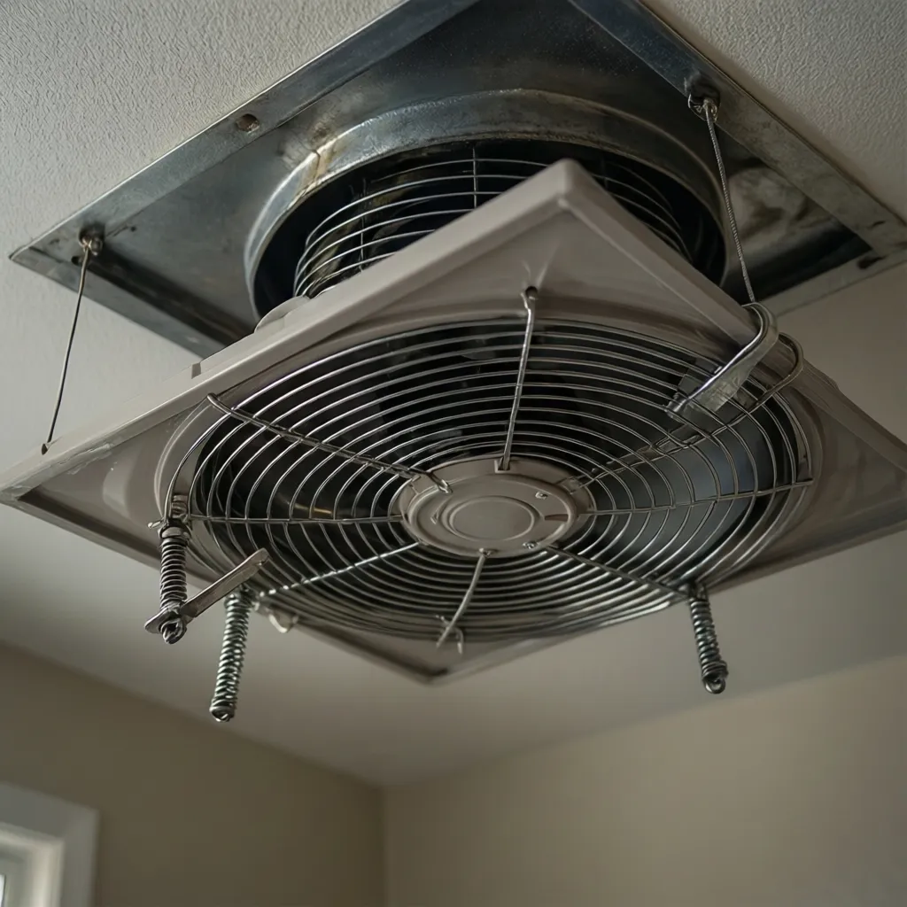 Spring clip mechanism on a round bathroom fan cover being pulled down from the ceiling
