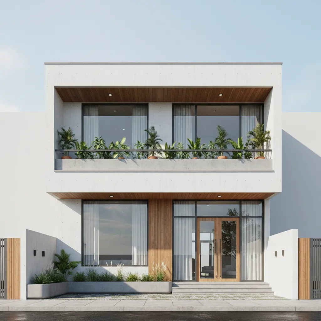Modern white two story house exterior design with large windows, wooden accents, and green plants