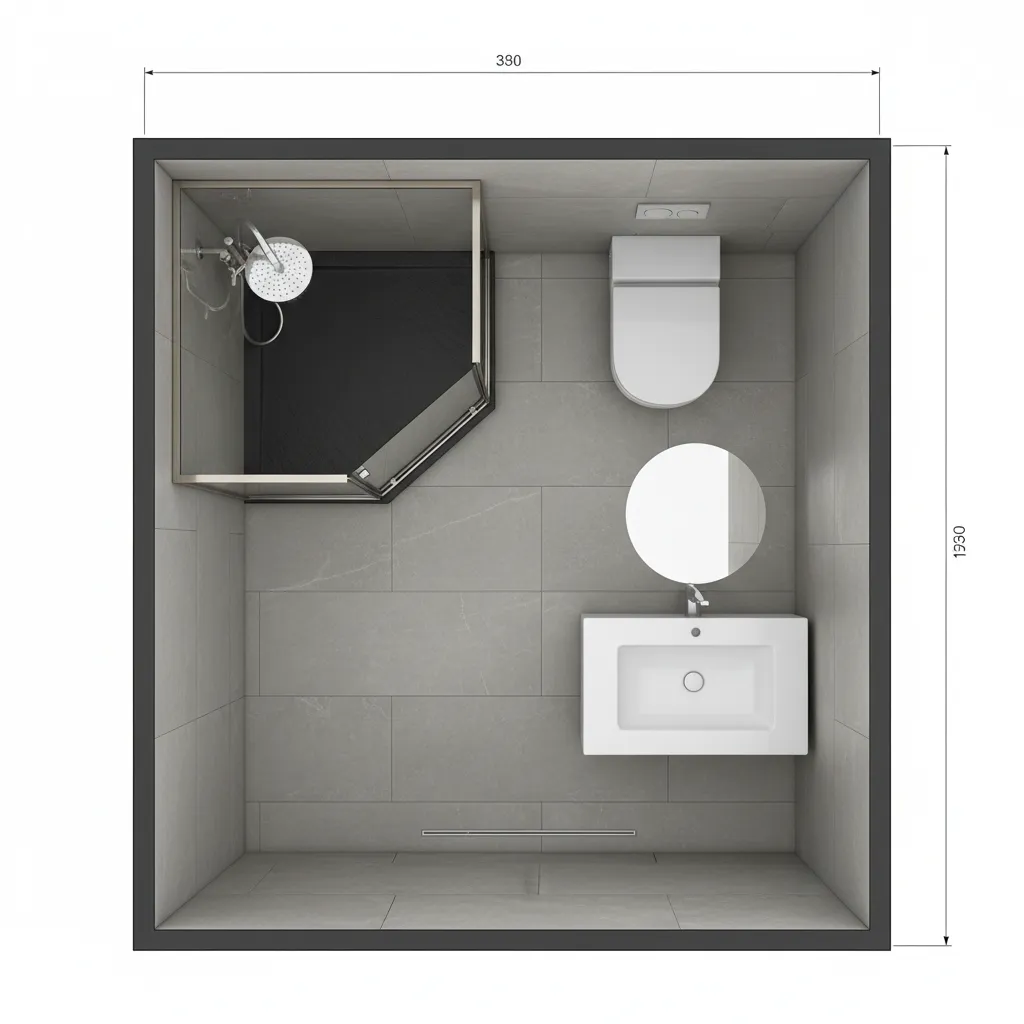 Distribución funcional de un baño pequeño cuadrado