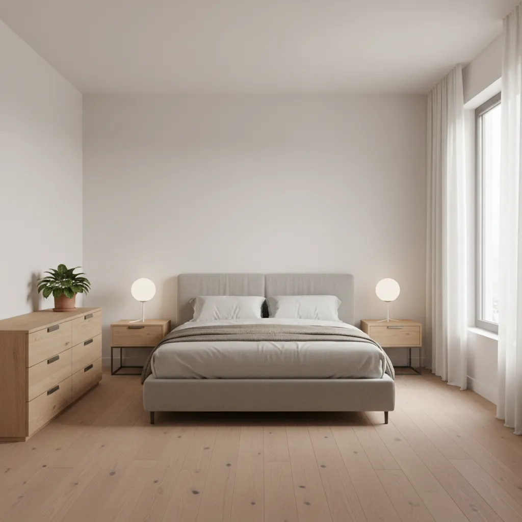 square 15x15 bedroom interior layout showing balanced furniture arrangement