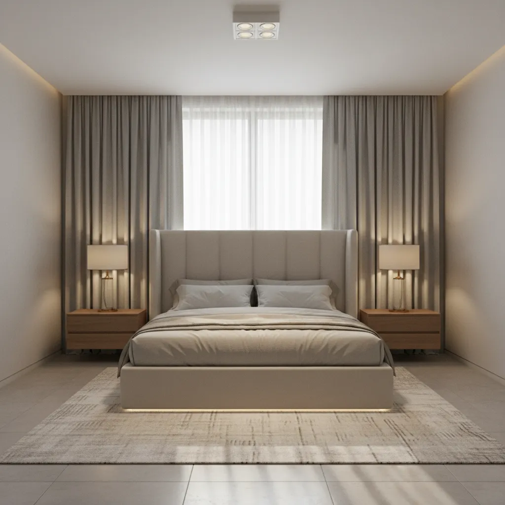 square bedroom interior showing layered lighting and visual depth