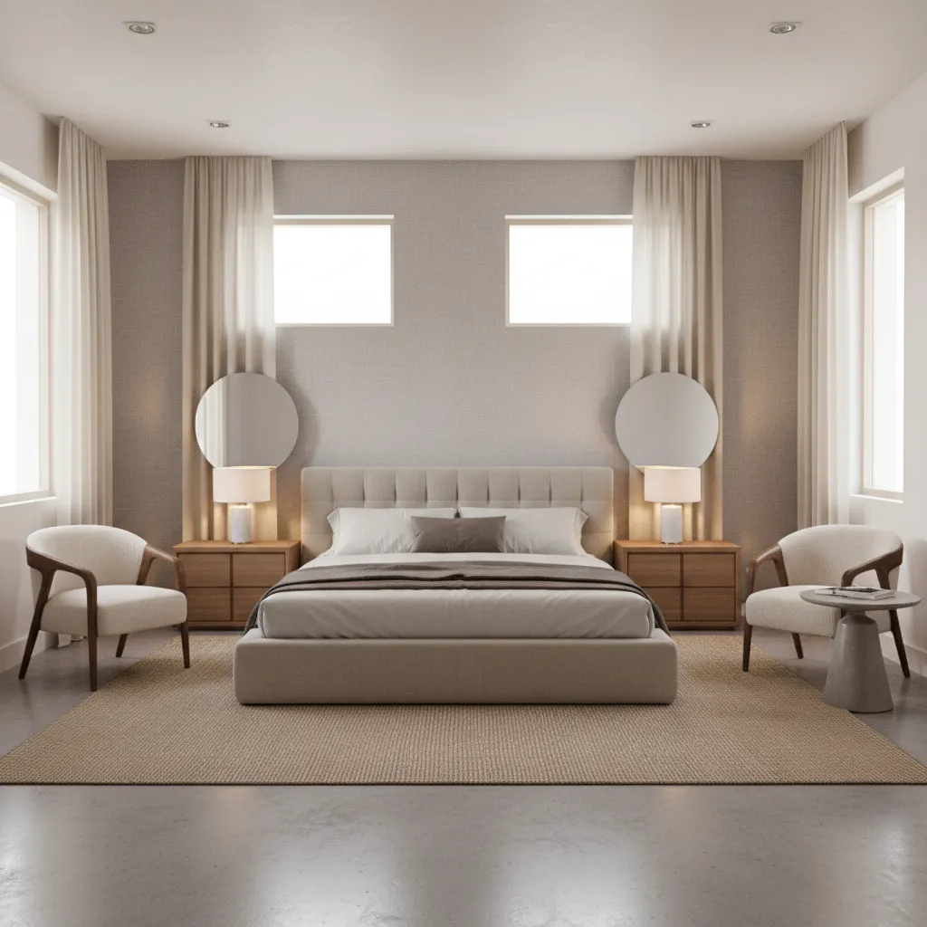 square 15x15 bedroom layout with bed focal wall and balanced furniture