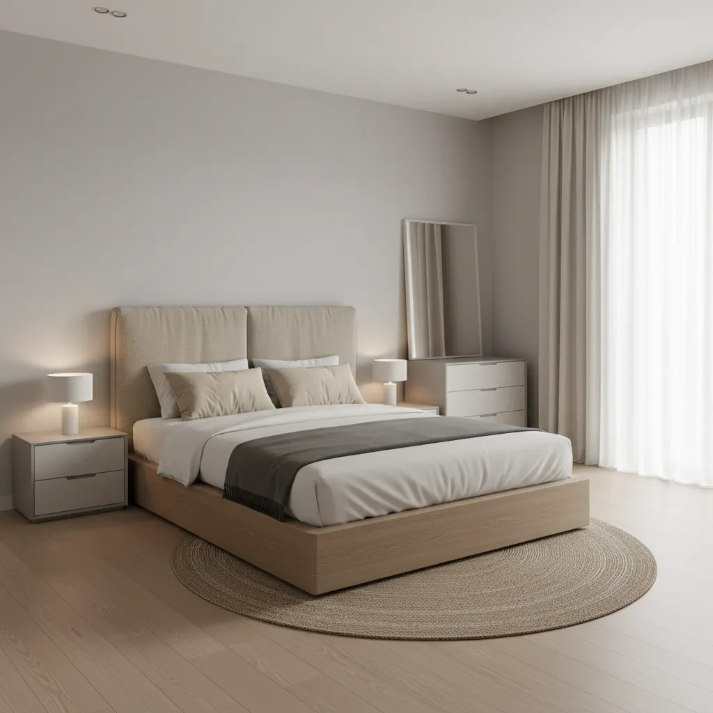 square 15x15 bedroom layout with bed and open circulation space