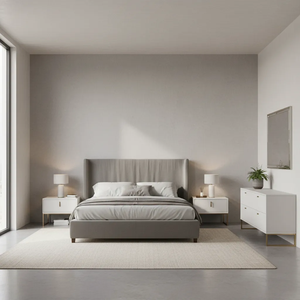 symmetrical bedroom layout with centered bed and balanced furniture placement
