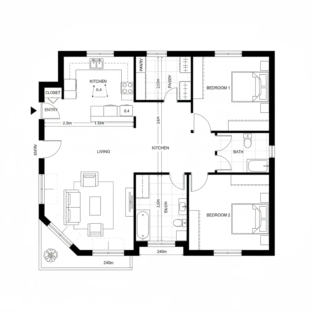 Top-down CAD plan showing central spine with day spaces on one side and bedrooms on the other