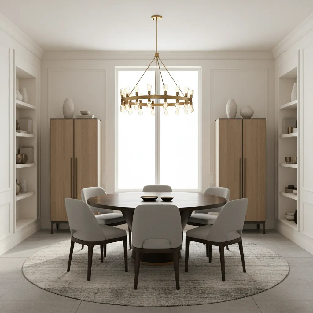 Square dining room showing balanced chandelier lighting above table