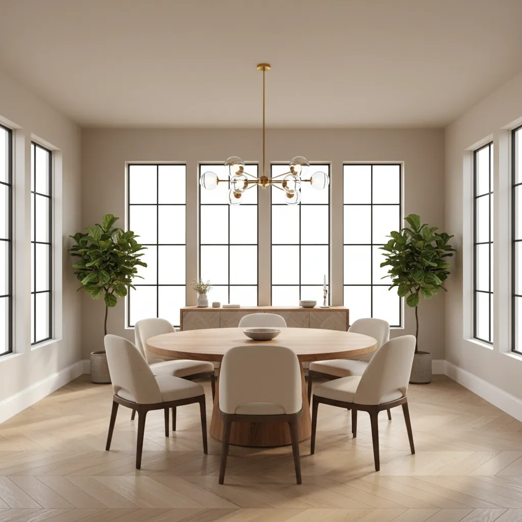 Square dining room with centered round dining table and chandelier