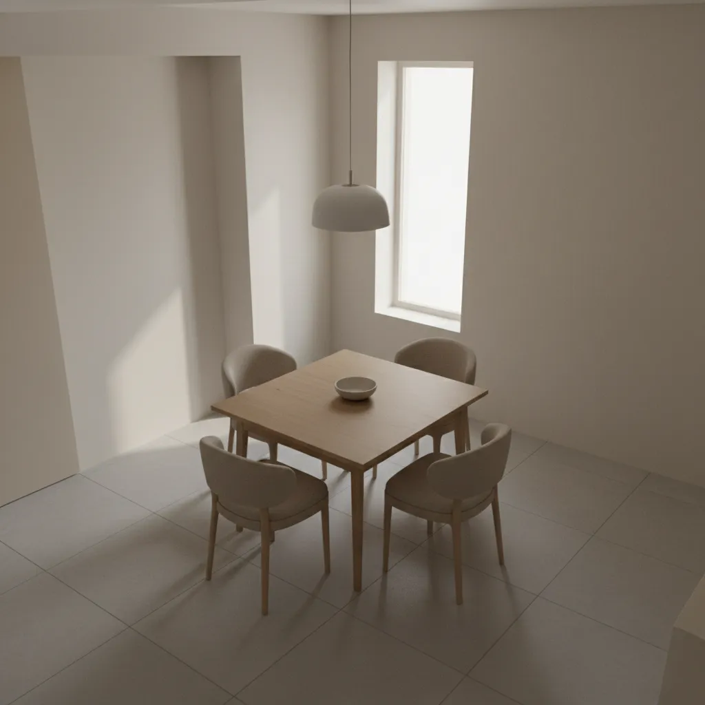 square dining table with four chairs in compact dining room showing tight corners