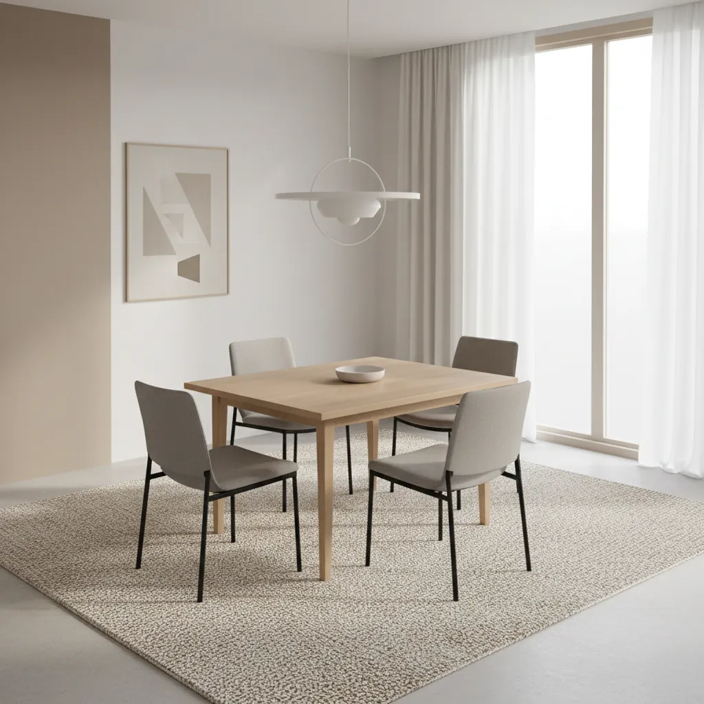 Square dining table centered on large rug showing symmetrical spacing