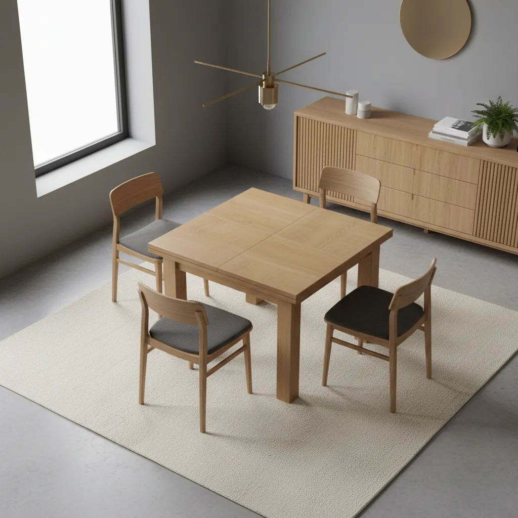Square expandable dining table layout in a compact dining room