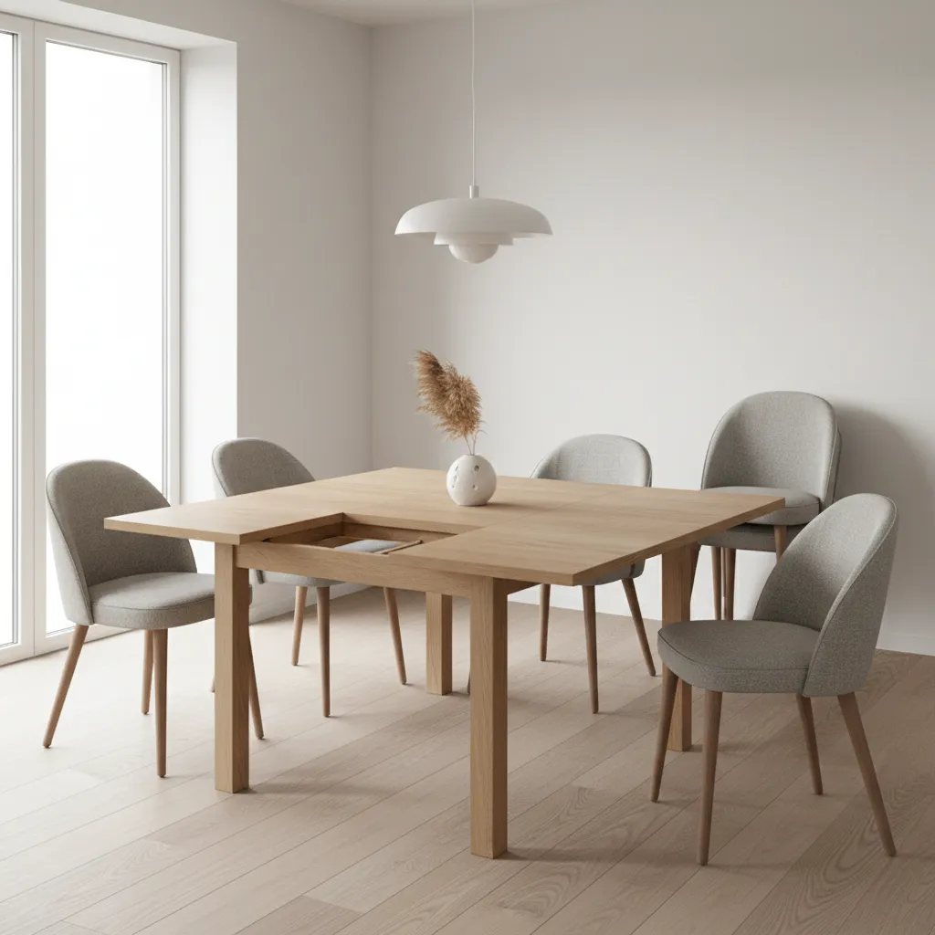 Square dining table with leaf extension expanding in a modern dining room