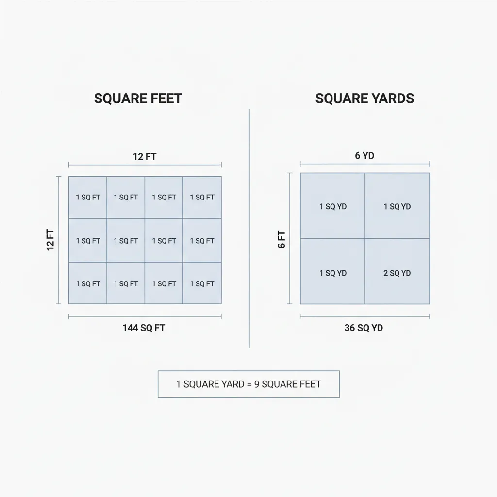 Visual comparison between square feet and square yards plot measurements
