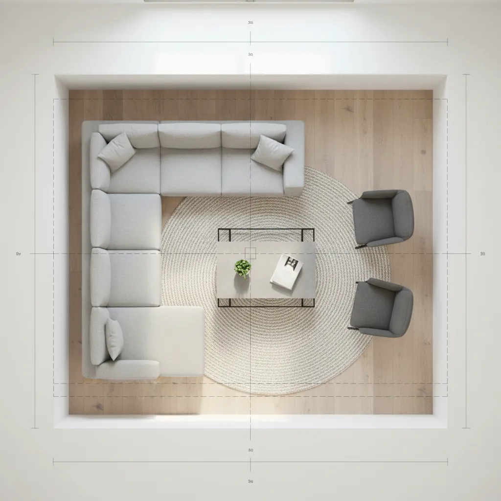 living room floor plan measured in square feet with furniture layout