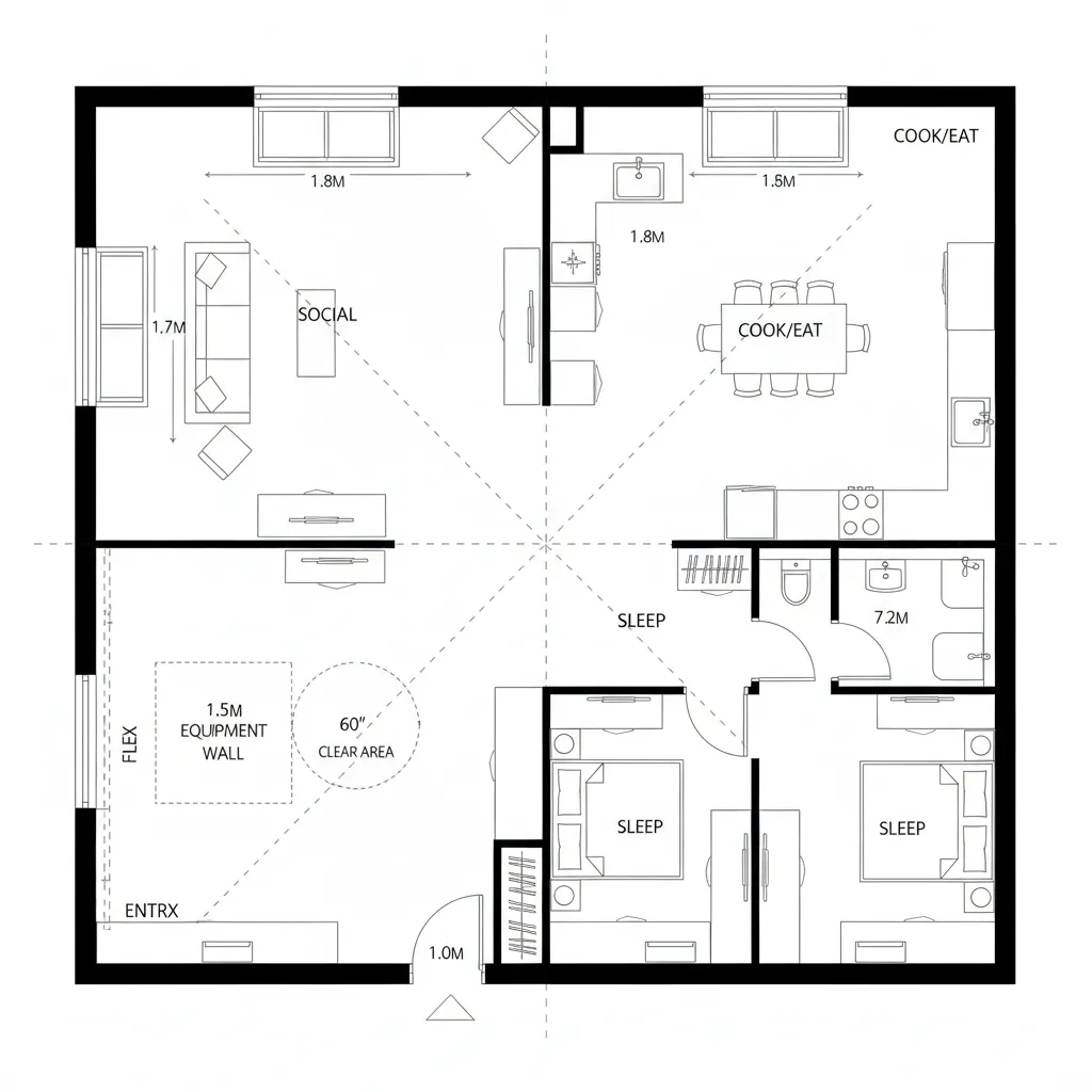 Top-down CAD plan of a square home divided into four functional quadrants with clear axes