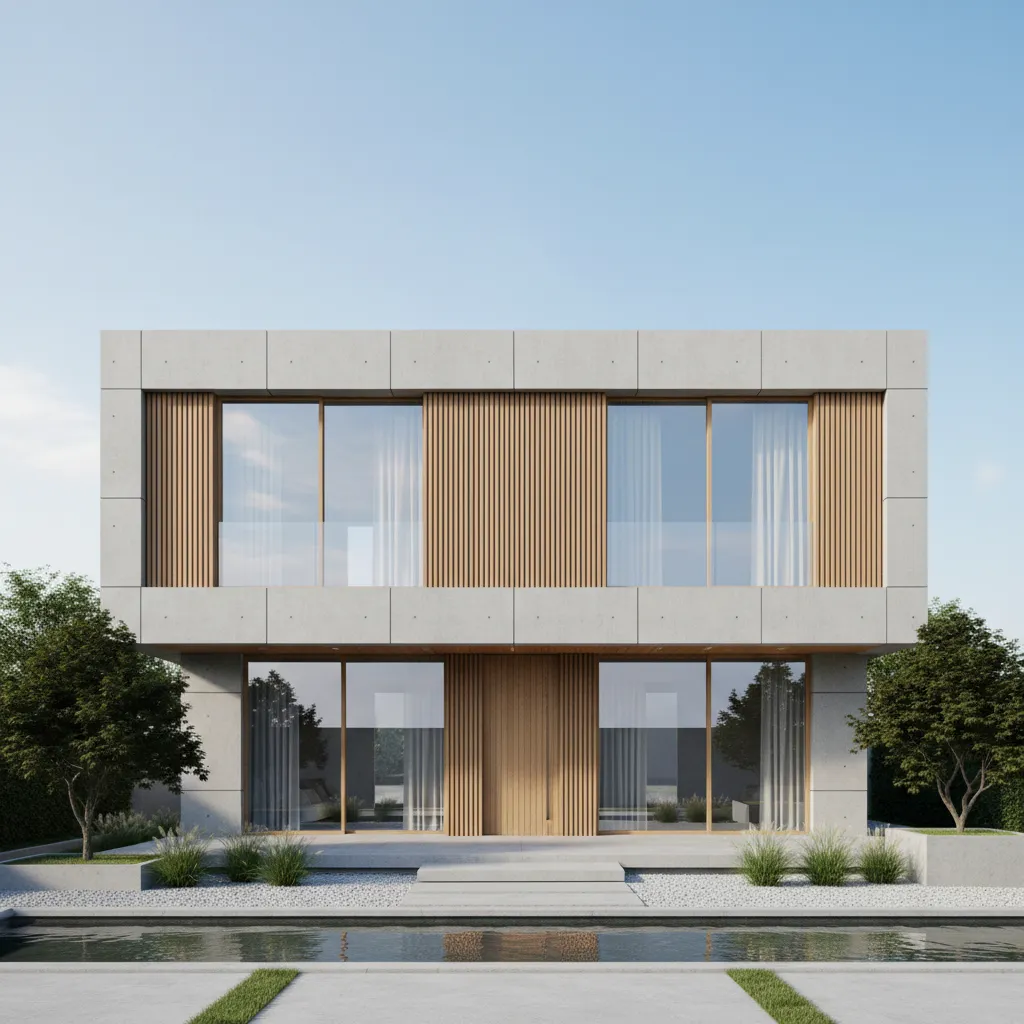 Modern two floor house with concrete walls wood panels large windows and a swimming pool