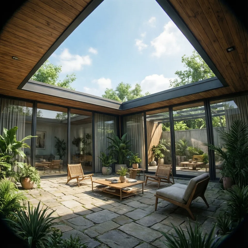 Patio interior en una casa cuadrada moderna