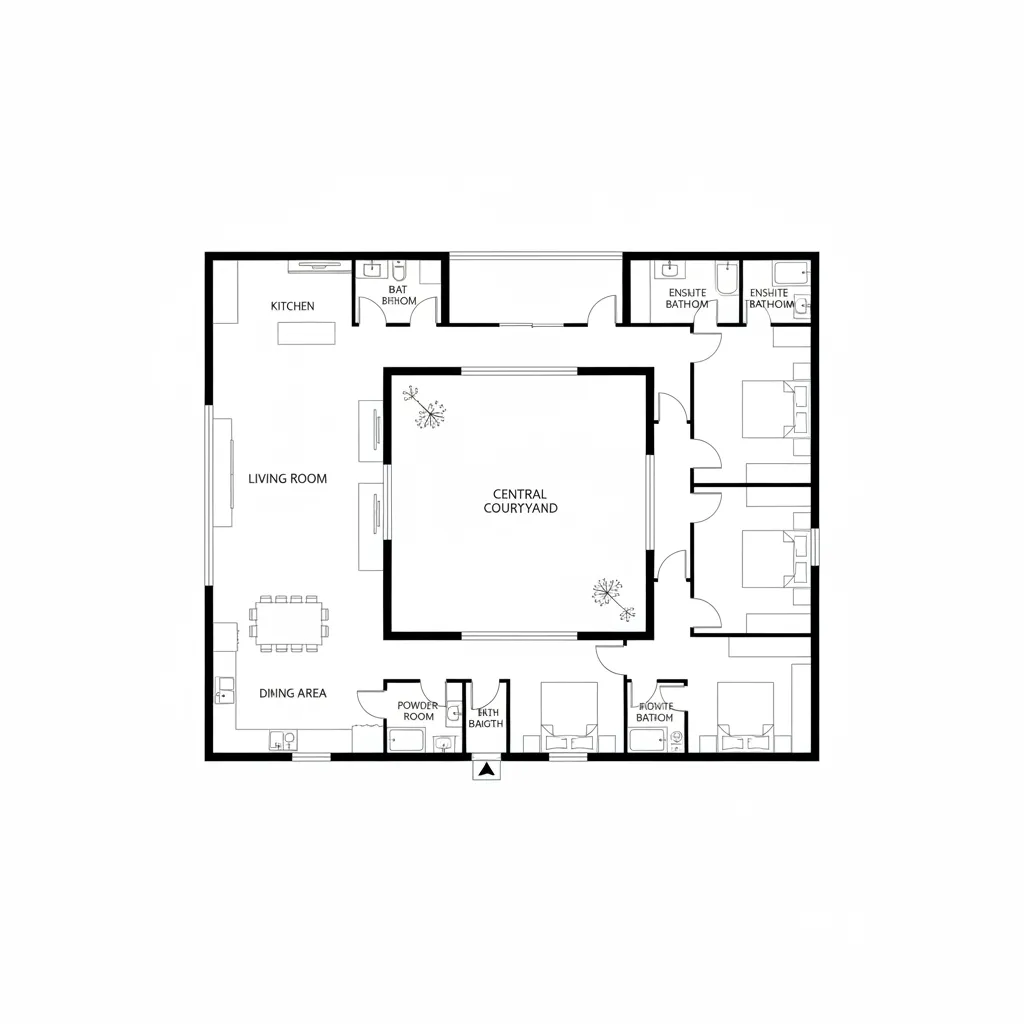 Plano arquitectónico de una casa cuadrada con patio central
