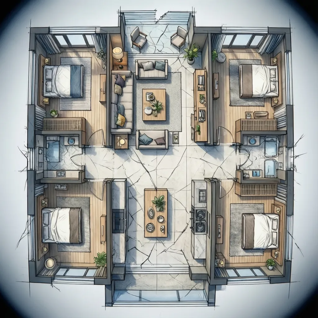 Plano arquitectónico de una casa cuadrada con distribución funcional