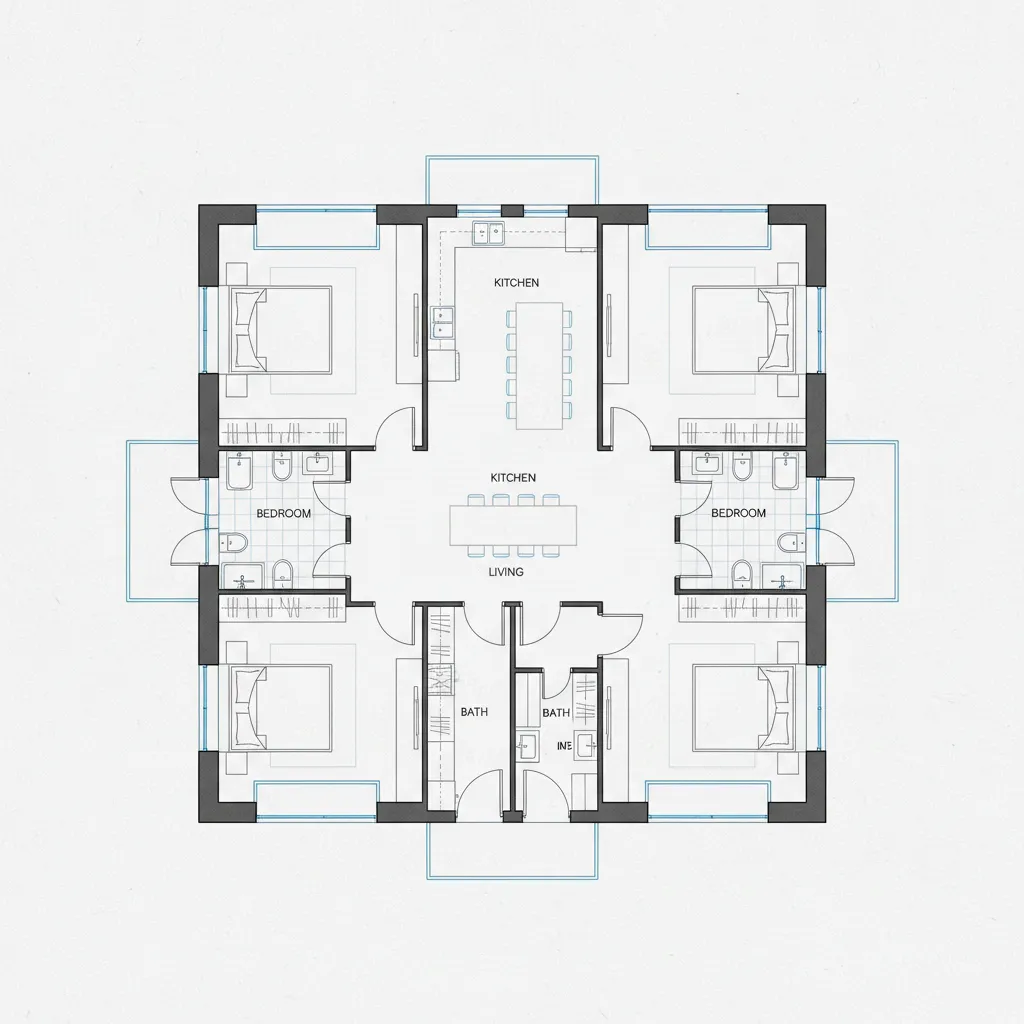 Plano arquitectónico de una casa cuadrada moderna con distribución abierta