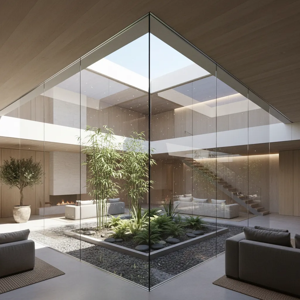 Patio interior que ilumina el centro de una casa cuadrada