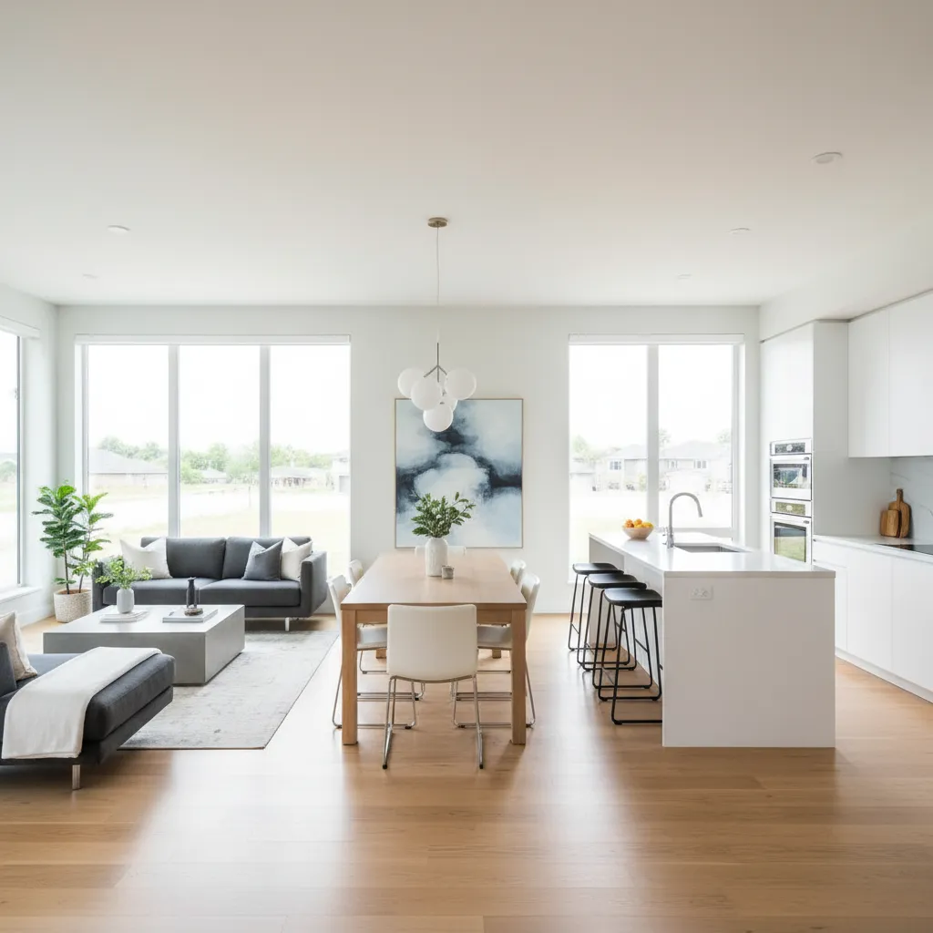 Distribución interior de casa cuadrada con salón abierto