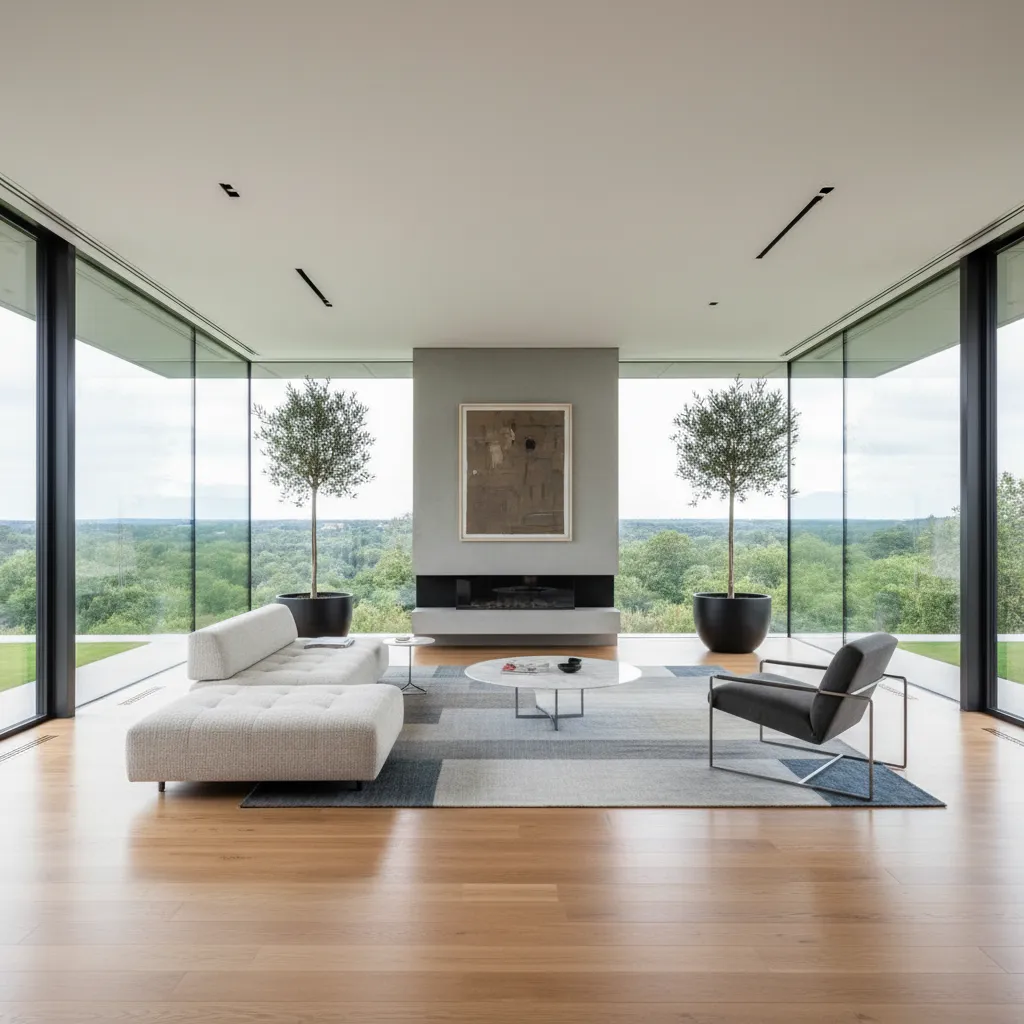 Interior moderno de casa cuadrada con espacio abierto y grandes ventanas