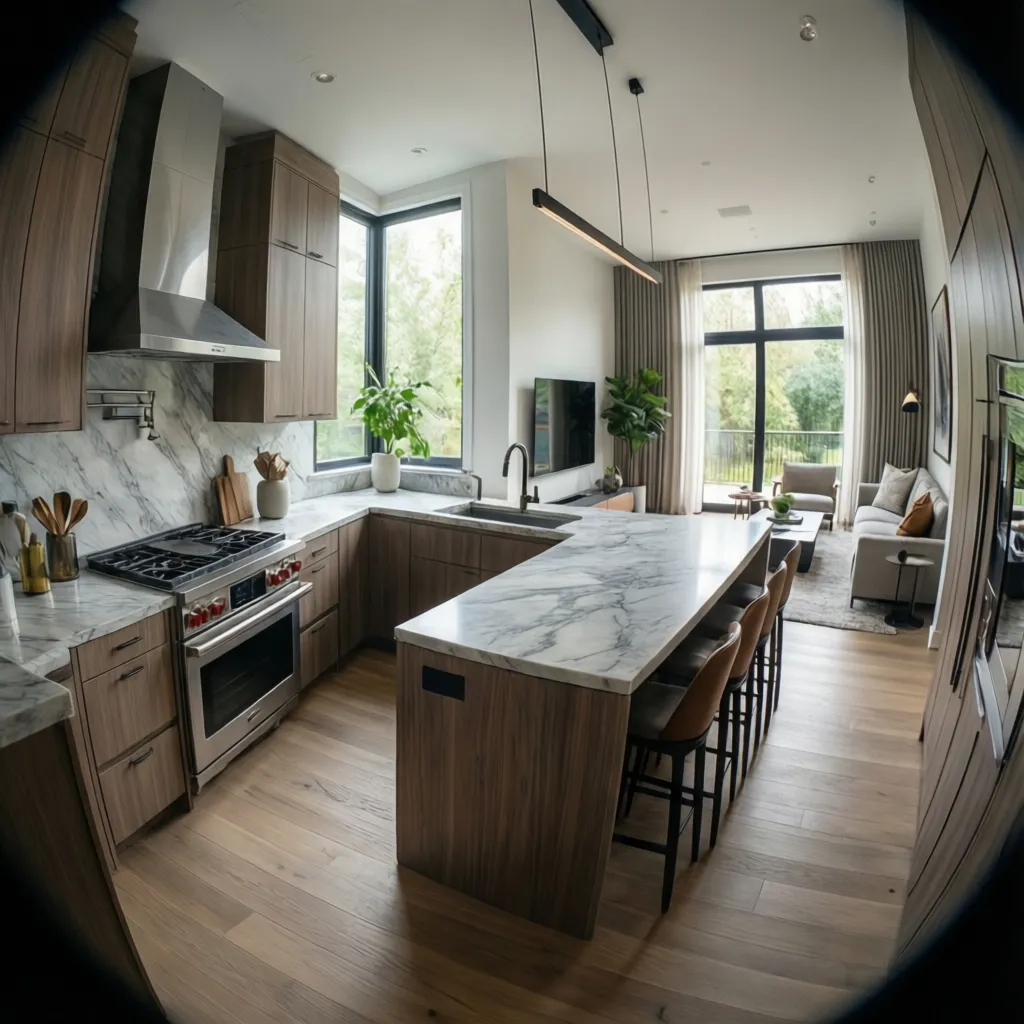 Cocina moderna ubicada en esquina dentro de una casa cuadrada