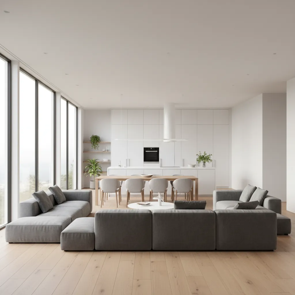 Salón central en una casa cuadrada con diseño abierto