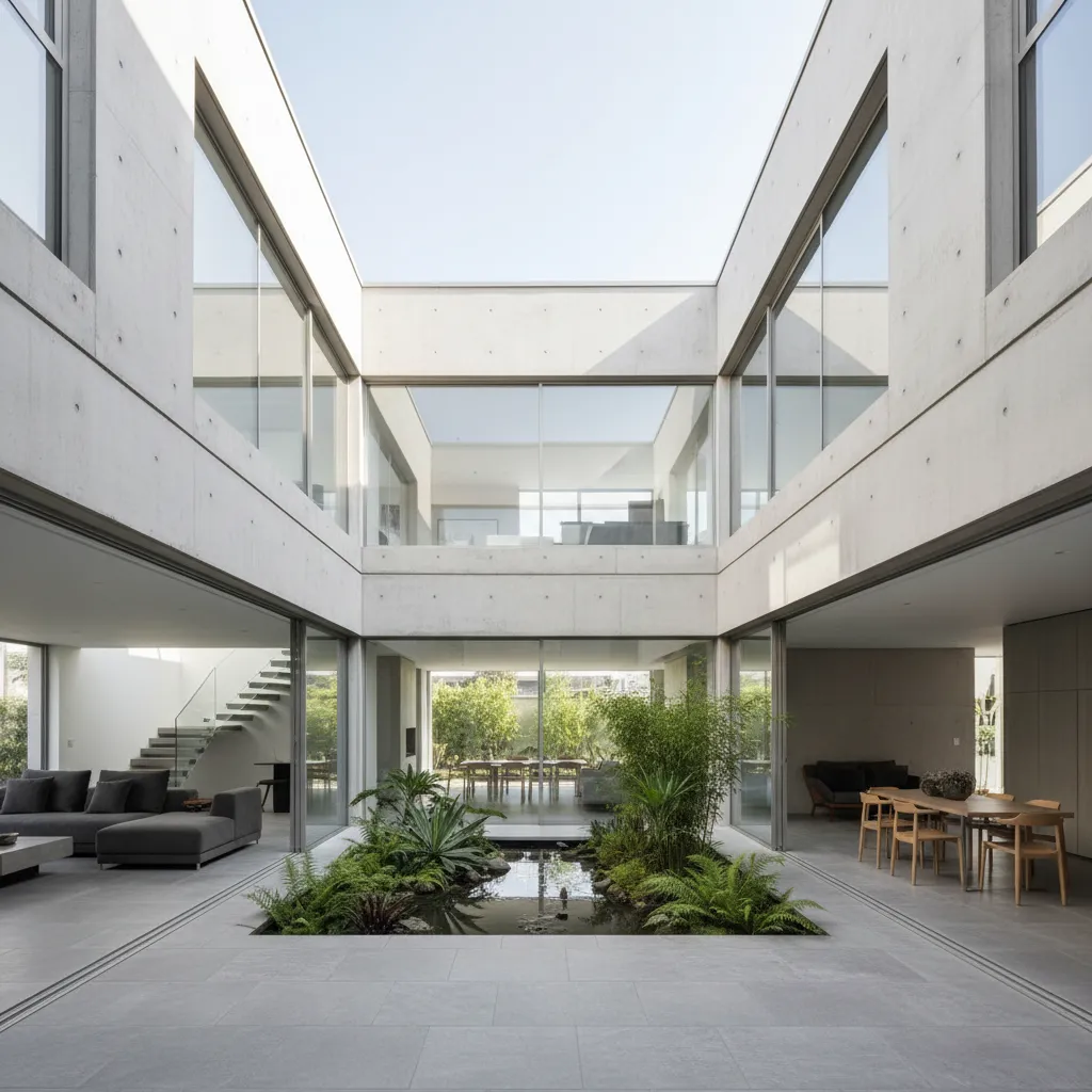 Casa moderna cuadrada con patio interior y vegetación