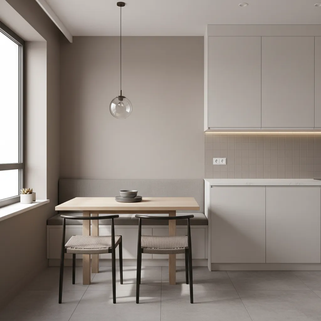 square dining table placed against a wall in a small kitchen