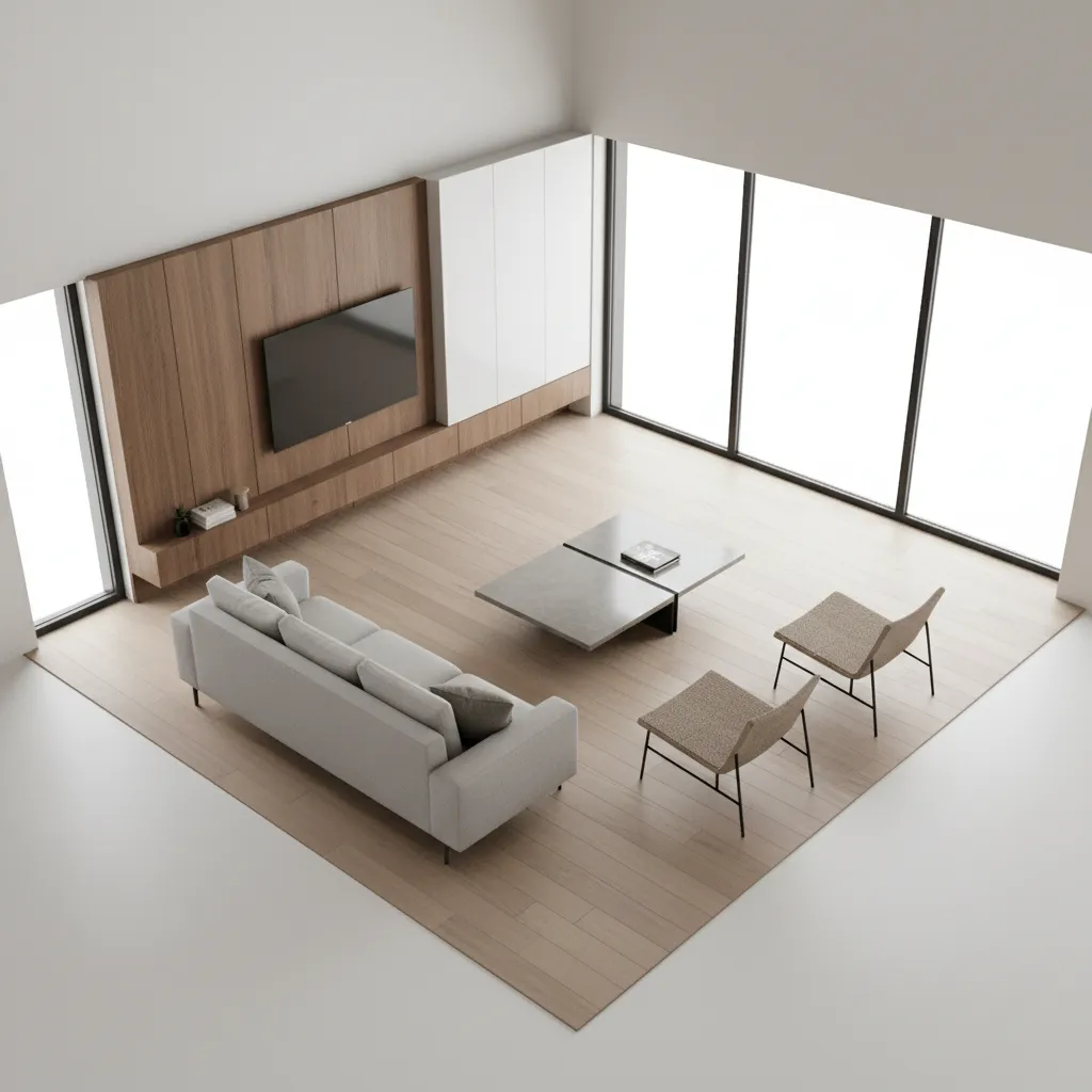 Square 15x15 living room layout showing balanced seating arrangement