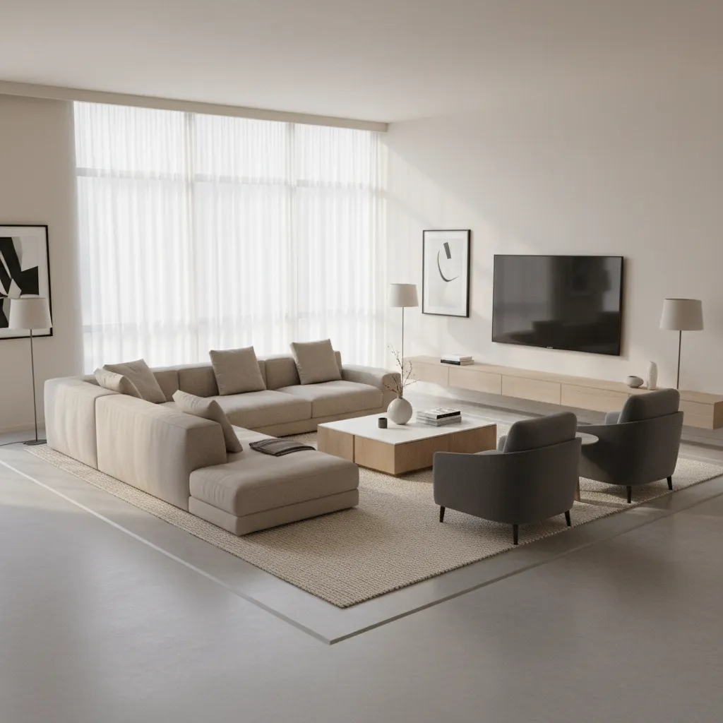 Square living room layout with central seating area and open walkways