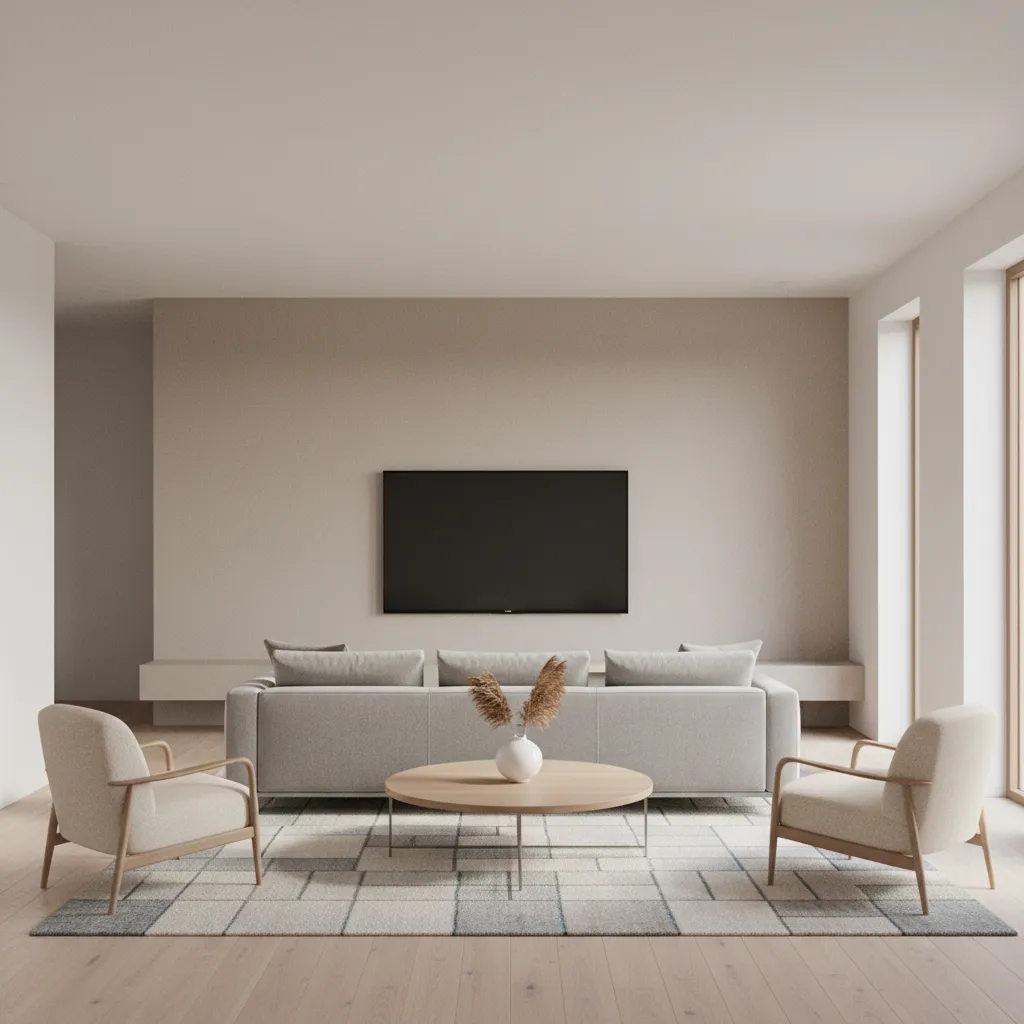 Square living room with centered sofa facing wall mounted TV