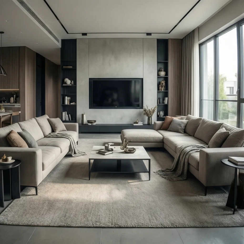 Large modern living room featuring two beige sofas marble coffee table and television on wall