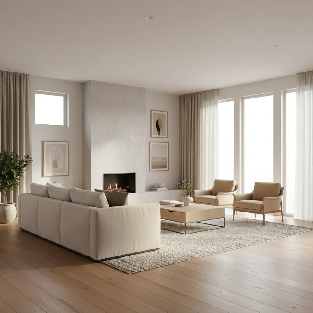 square living room with sofa placed diagonally facing focal point
