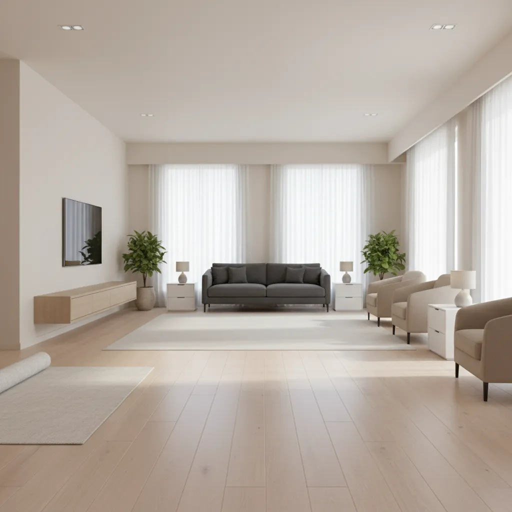 large square living room with furniture pushed to walls leaving empty center
