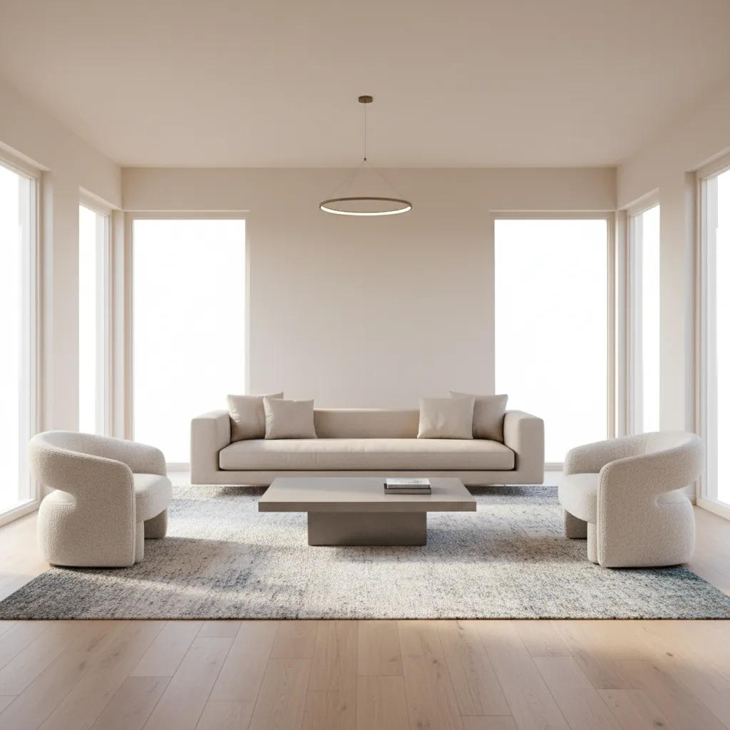 square 15x15 living room with floating sofa layout and conversation seating
