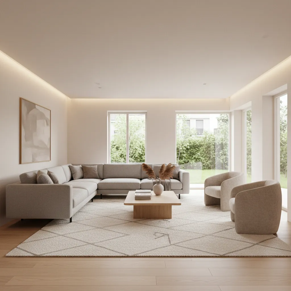 Square living room layout with floating sofa and central seating area