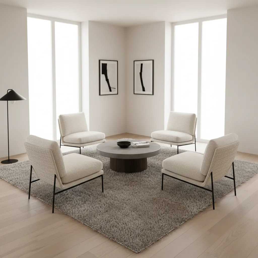 square living room interior with four chairs layout around central table