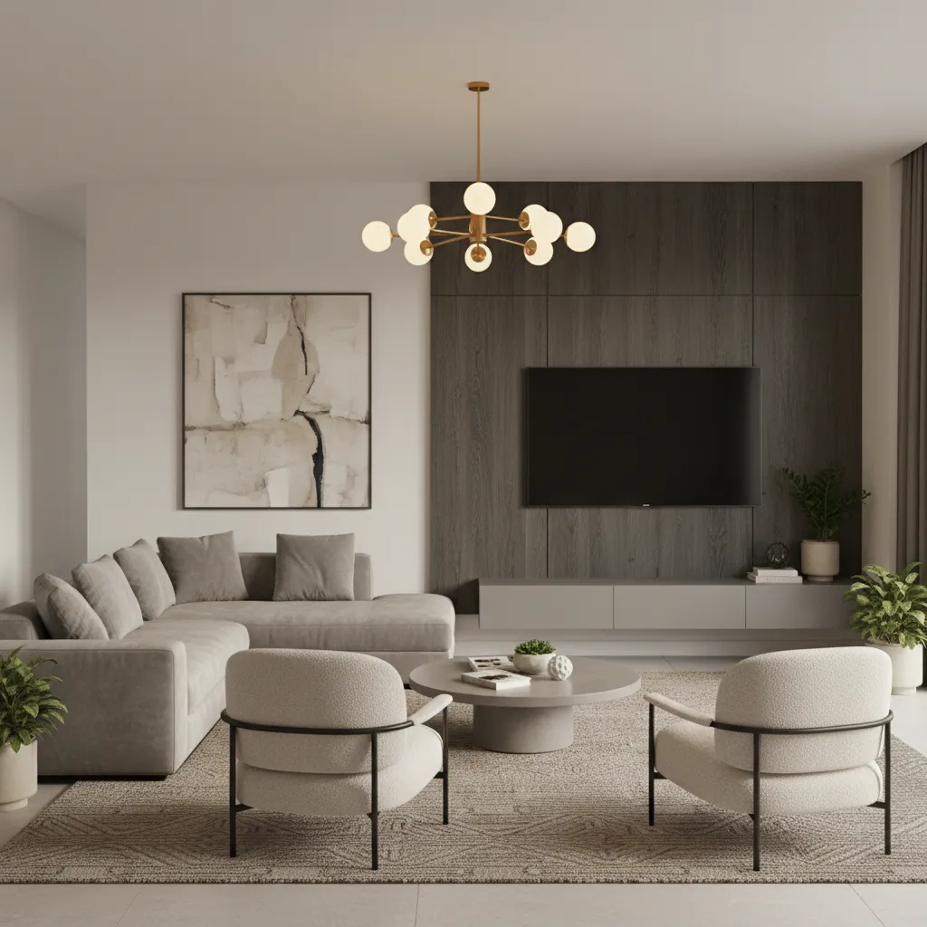 Furniture layout arrangement in a square living room with sofa and accent chairs