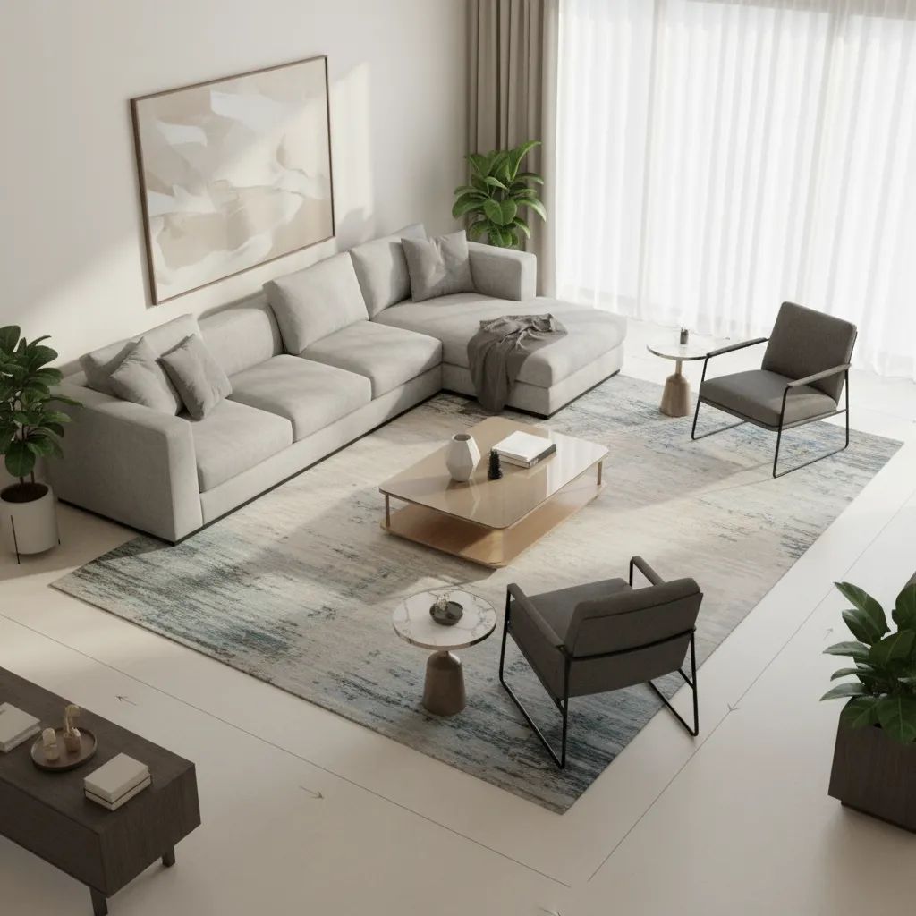 square living room furniture scale example with sofa chairs and circulation space