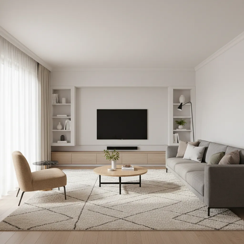 Modern living room with grey sofa wooden coffee table beige armchair and television on wall