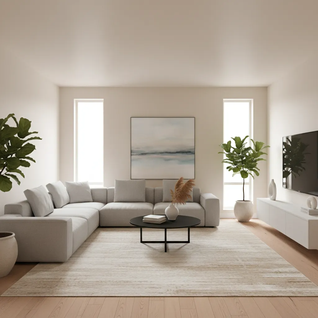 square 17x17 living room with balanced sofa and tv placement example