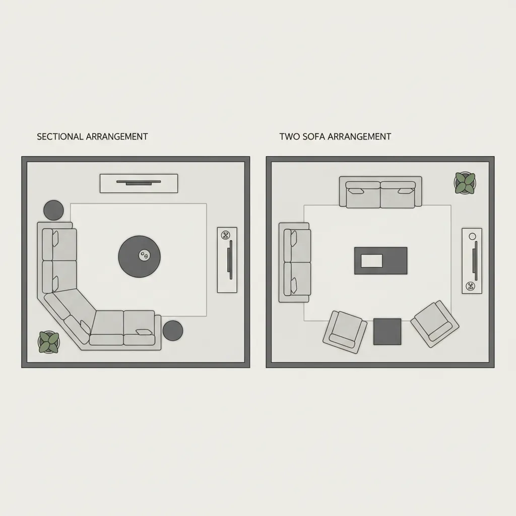 Top view floor plan showing sectional and two sofa layout options