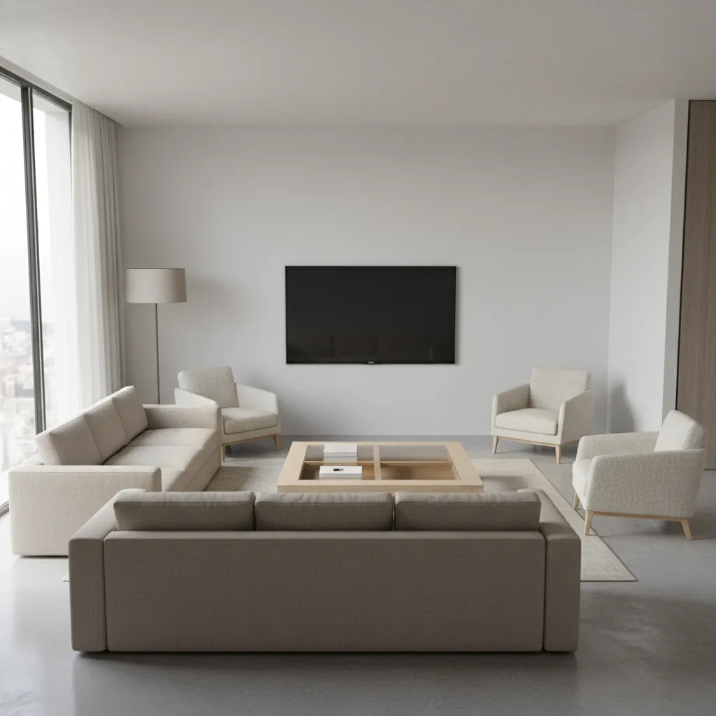awkward square living room layout with poorly placed furniture