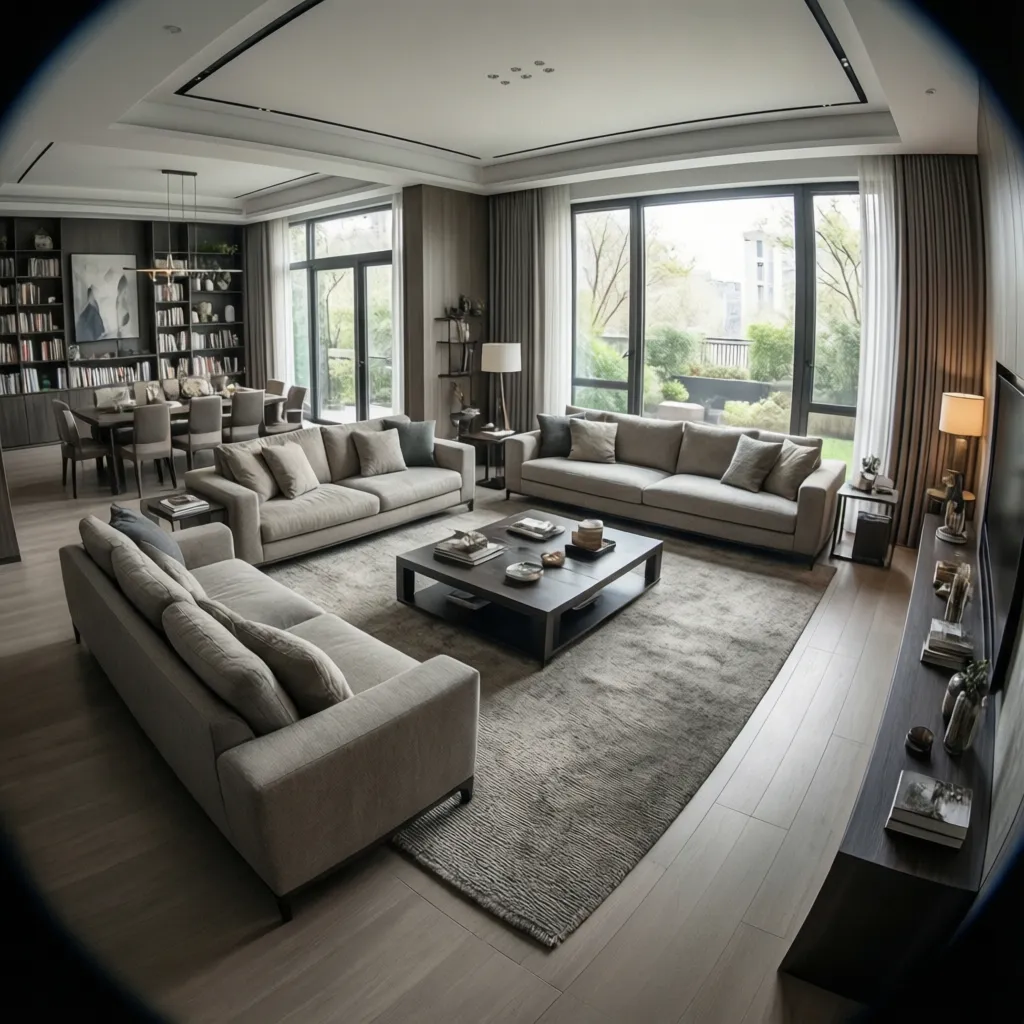 large square living room with seating area and secondary lounge zone