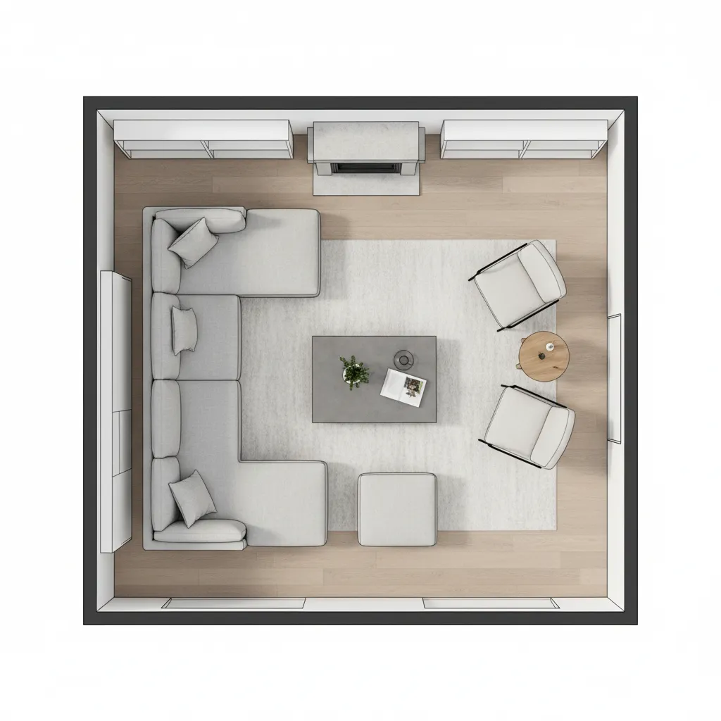 Top view layout plan for small square living room seating arrangement