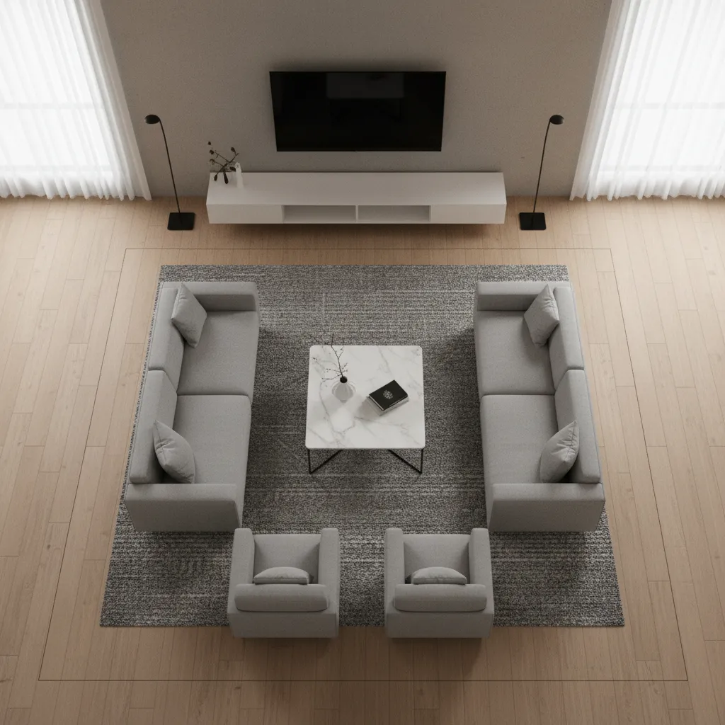 Interior design drawing showing top view of square living room with sofas and coffee table