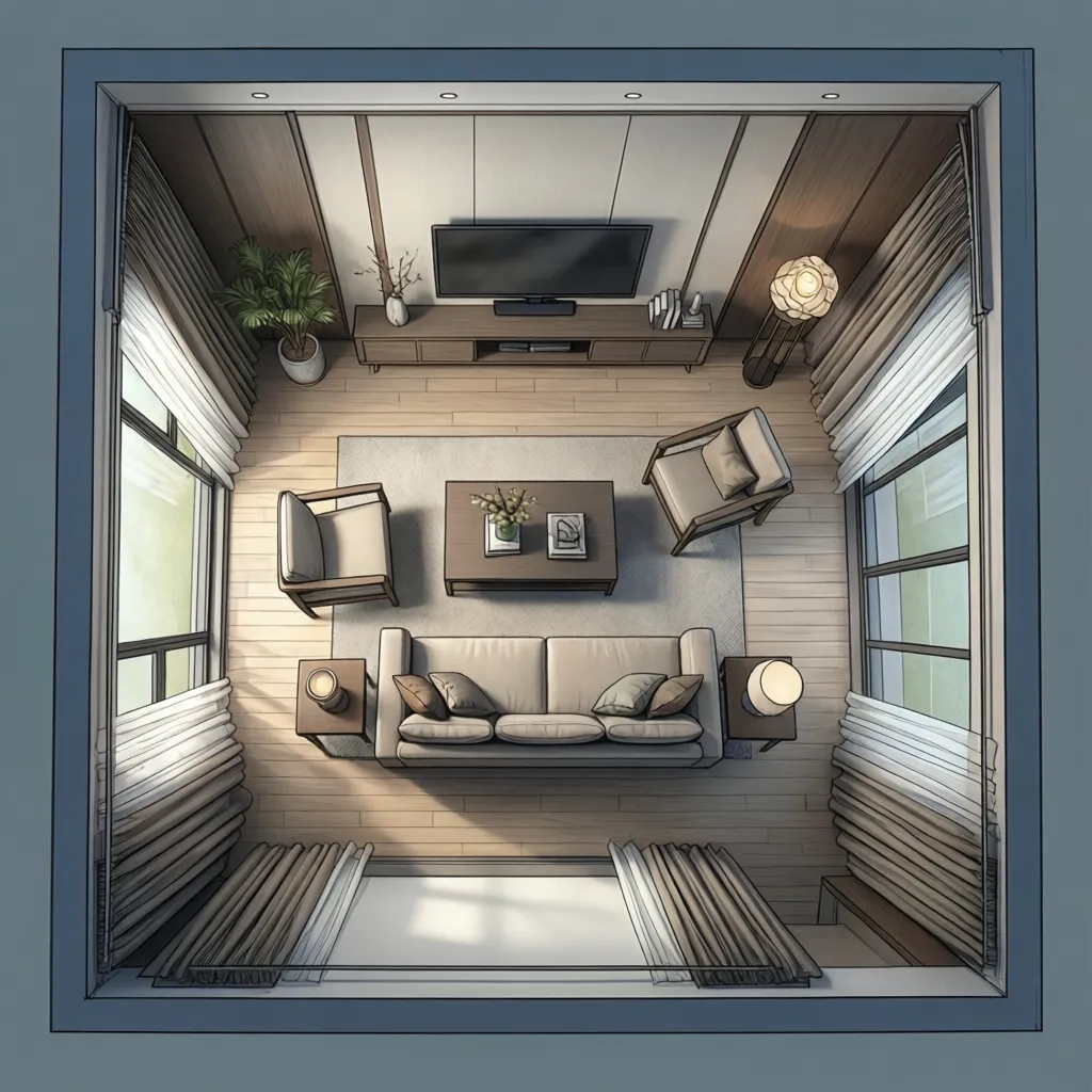 square living room furniture layout with sofa facing wall mounted TV